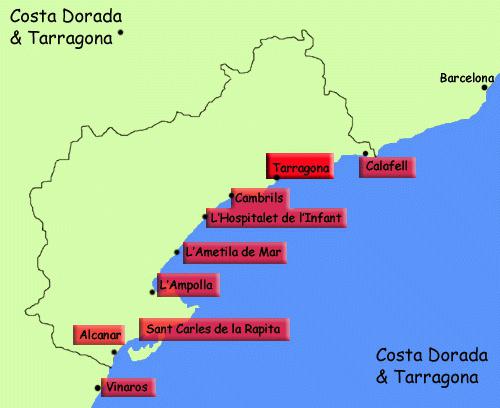Costa Dorada Spānijas karšu karte